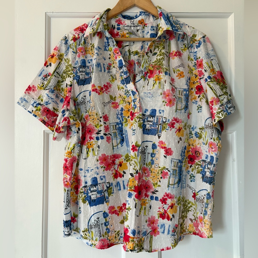 Cathy Daniels Womans Blouse Plus Size 2X Multicolor Popover V-Neck Roma Floral